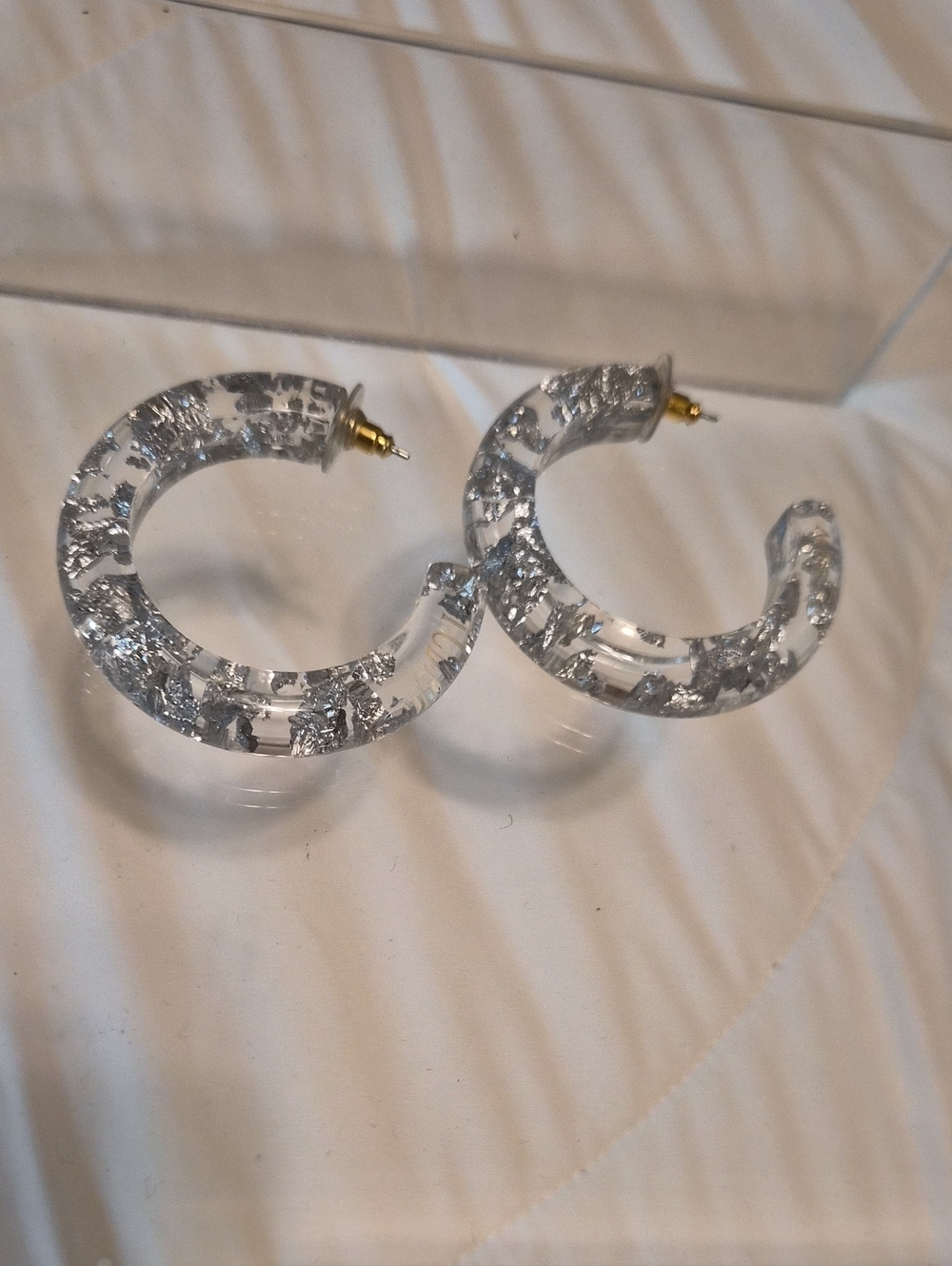 J. Crew Clear Resin Hoop Earrings with Silver Foil